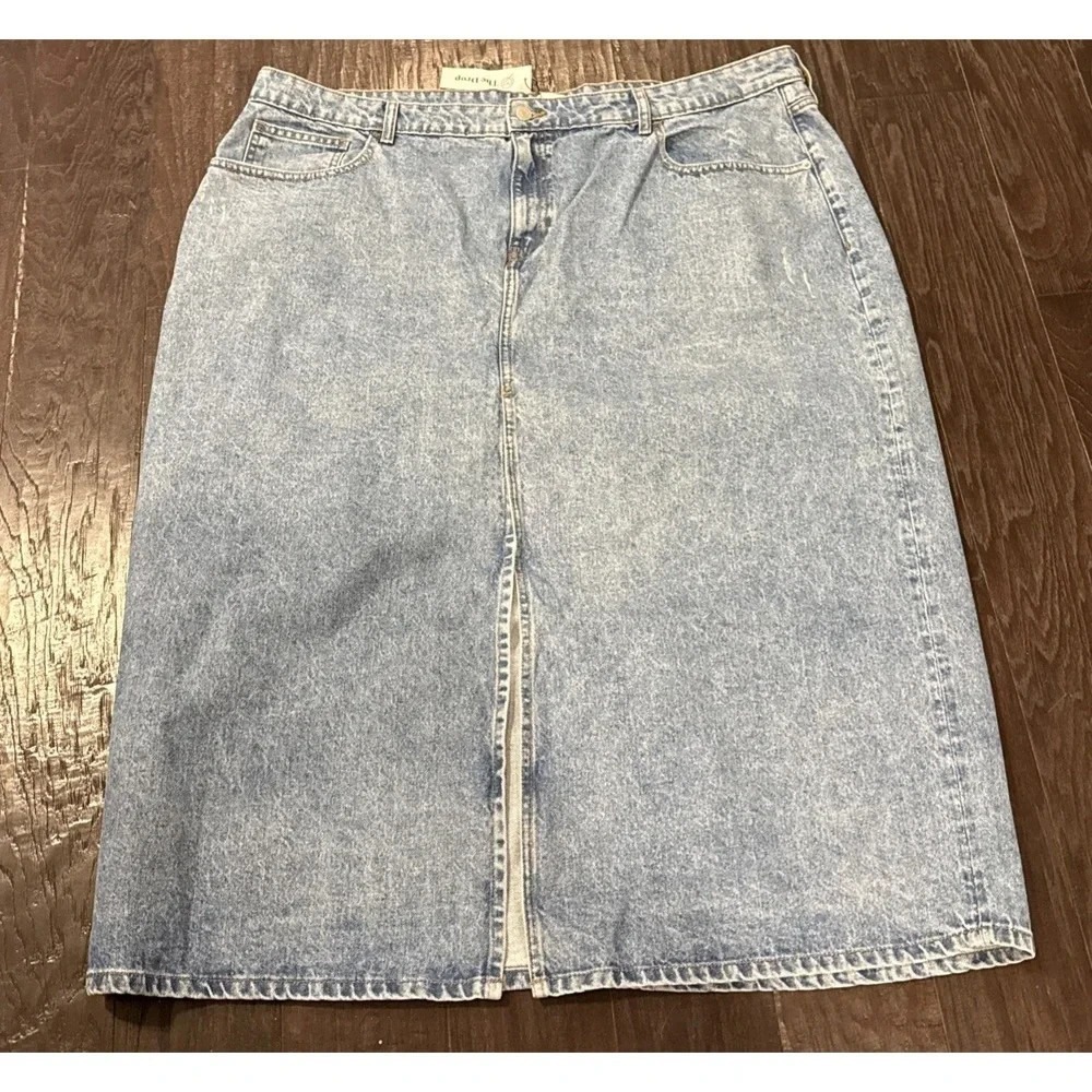 The Drop Womens 3X Dixon Denim Midi Skirt Medium Indigo Acid Wash Front Slit NEW
